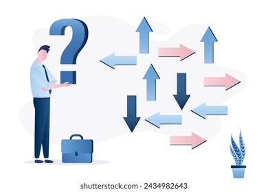 Unsicheres Konzept. Verwirrung, Frustration oder Entscheidungsfindung. Frustrierte Geschäftsleute sehen Richtungspfeile mit Fragezeichen. Dilemma oder kompliziertes Problem, Mangel an Verständnis Vektor.