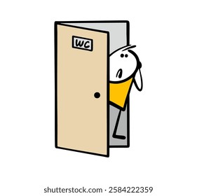 Uncertain, frustrated stickman looks out of a public bathroom. Vector illustration of a man hiding behind a door, shy. Isolated funny character on white background.