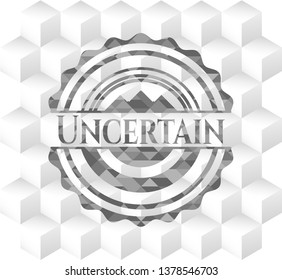 Uncertain grey badge with geometric cube white background