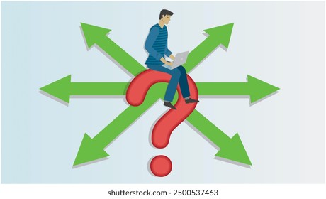 Uncertain man sitting on question mark with arrows pointing in different direction. Dimension 16:9. Vector illustration.