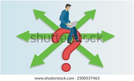 Uncertain man sitting on question mark with arrows pointing in different direction. Dimension 16:9. Vector illustration.