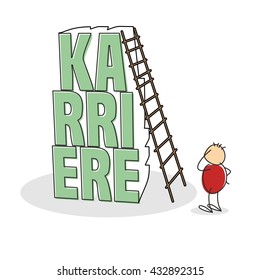 Uncertain stick figure wearing red shirt scratches his head and stands by tall stack of letters the word career in german with a ladder leaning against it