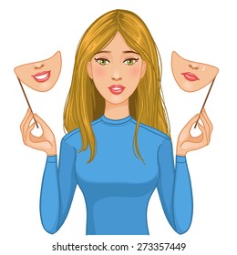 Uncertain woman with masks of happy and sad faces in her hands, eps10