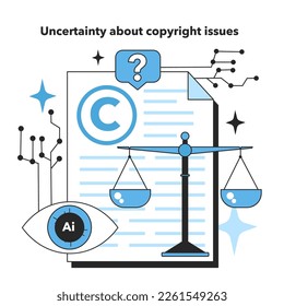 Incertidumbre sobre los problemas de derechos de autor como riesgo de implementación de redes neuronales. Sistema de computación de autoaprendizaje que procesa diferentes tipos de datos. Tecnología profunda de aprendizaje automático. Ilustración vectorial plana