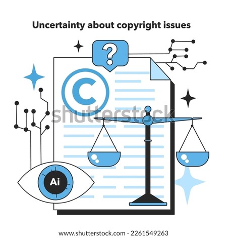 Uncertainty about copyright issues as neural network implementation risk. Self-learning computing system processing different types of data. Deep machine learning technology. Flat vector illustration