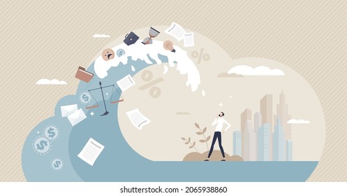 Uncertainty about financial future and taxes for business tiny person concept. Unstable market situation and potential company economical problems prediction vector illustration. Unknown consequences.