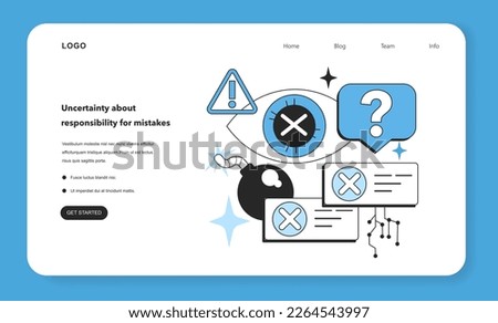 Uncertainty about responsibility for mistakes as neural network implementation risk web banner or landing page. Self-learning computing system processing data. Flat vector illustration
