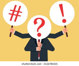 Uncertainty of the businessman.Businessman hiding behind a question mark.