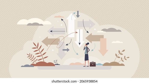 Uncertainty, confusion about options and directions tiny person concept. Doubt and dilemma situation about life or career vector illustration. Searching for right direction and opportunity crossroads.