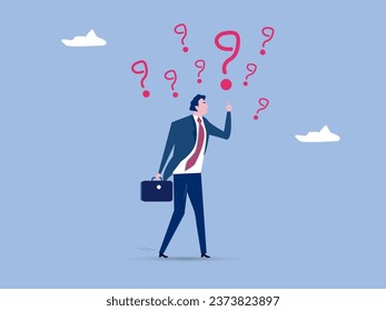 Uncertainty, confusion and decision making, choosing options or choices, answer for question or solution, problem solving, frustrated businessman thinking and make decision with many question marks.