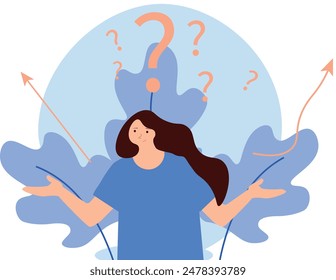 Uncertainty, confusion and decision making, choosing options or choices, answer for question or solution, problem solving, frustrated businessman thinking and make decision with many question marks	