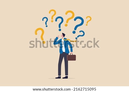 Uncertainty, confusion and decision making, choosing options or choices, answer for question or solution, problem solving, frustrated businessman thinking and make decision with many question marks.
