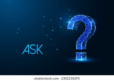 Uncertainty, curiosity, the potential for exploration concept with question mark in futuristic glowing low polygonal style on dark blue background. Modern abstract connect design vector illustration.