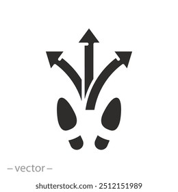 uncertainty decision, view forward icon, crossroad and feet, choose future path life, choice direction, flat vector illustration