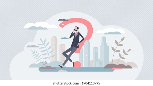 Uncertainty and doubt in business questions or decisions tiny person concept. Businessman pondering and looks thoughtful or confused vector illustration. Thinking about solution in unclear situation.