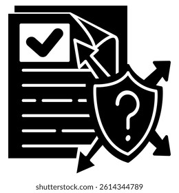 Uncertainty Principle icon represented by paper, question mark, omnidirectional arrows Black Filled style.