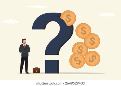 Uncertainty, risk management. Risky investments. From question mark out many dollar coins. Financial and investment growth, increase earning profit, success in wealth management. vector illustration