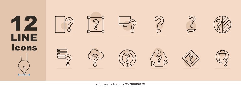 Uncertainty set icon. File query, selection question, monitor, individual inquiry, division, hand with question, cloud, database, circular process, warning, network globe. Highlights ambiguity