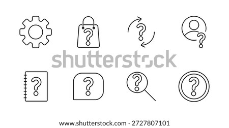 Uncertainty set icon. Gear, shopping bag, arrows, user circle, notebook, message bubble, magnifier, circle showing confusion, doubt, interaction, question, mystery.