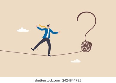 Uncertainty, unknown problem, challenge to overcome or investment risk, find out solution for business difficulty, adversity or determination, businessman acrobat rope walking to find question mark.