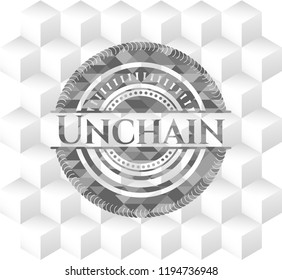 Unchain grey badge with geometric cube white background