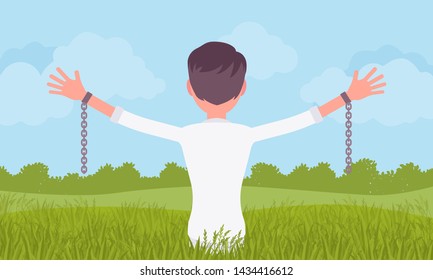 Unchained man with stretched out arms, rear view. Young guy with removed chains set free, feeling personal power, freedom, liberation from slavery or restraint. Vector flat style cartoon illustration