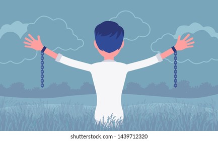 Unchained man with stretched out arms, rear view. Guy with removed chains set free, feeling personal power, freedom, liberation from slavery or restraint. Vector illustration, faceless characters