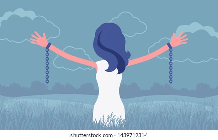 Unchained woman with stretched out arms, rear view. Girl with removed chains set free, feeling personal power, freedom, liberation from slavery, restraint. Vector illustration, faceless characters