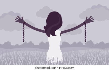 Unchained woman with stretched out arms, rear view. Girl with removed chains set free, feeling personal power, freedom, liberation from slavery, restraint. Vector illustration, faceless character