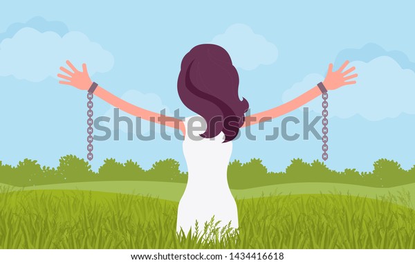 Unchained woman with stretched out arms,\
rear view. Young girl with removed chains set free, feeling\
personal power, freedom, liberation from slavery, restraint. Vector\
flat style cartoon\
illustration