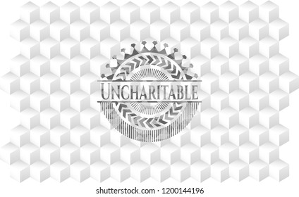 Uncharitable grey badge with geometric cube white background