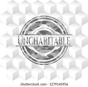 Uncharitable grey badge with geometric cube white background