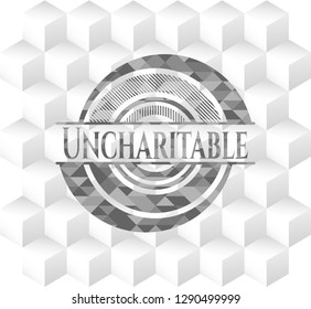 Uncharitable retro style grey emblem with geometric cube white background