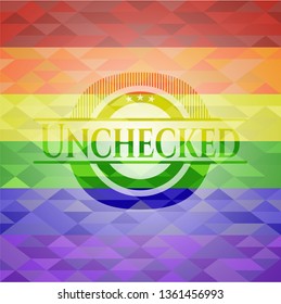 Unchecked emblem on mosaic background with the colors of the LGBT flag