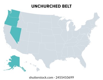 Unchurched Belt, eine Region im Nordwesten der Vereinigten Staaten, politische Landkarte. Region mit der geringsten religiösen Beteiligung. Gegenüber vom Bibelgürtel. Oregon, Nevada und Alaska.