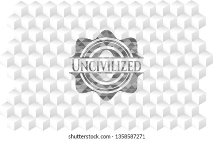 Uncivilized grey emblem. Retro with geometric cube white background