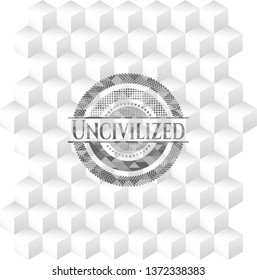 Uncivilized grey emblem. Retro with geometric cube white background