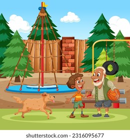 Uncle and boy playing basketball at the playground illustration