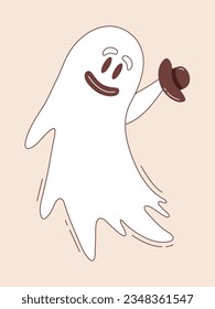 Uncle ghost character with smiling face and bowler hat in hand. Halloween ghost character in groovy style.
