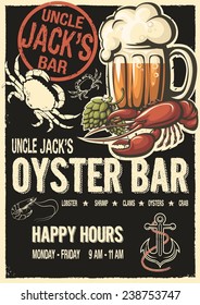 An Uncle Jacks oyster bar old fashioned poster. Ideal retro design for restaurant happy hours booklet, seafood brochure, raw bar leaflet, flyer or pamphlet