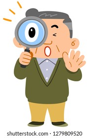 Uncle of middle-aged man amazed at peering into the magnifying glass