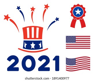 Uncle Sam 2021 salute icon in blue and red colors with stars. Uncle Sam 2021 salute illustration style uses American official colors of Democratic and Republican political parties, and star shapes.