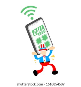 uncle sam america and call mobile phone cartoon doodle flat design style vector illustration