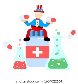 uncle sam america and experiment laboratory medicine drug health cartoon doodle flat design style vector illustration