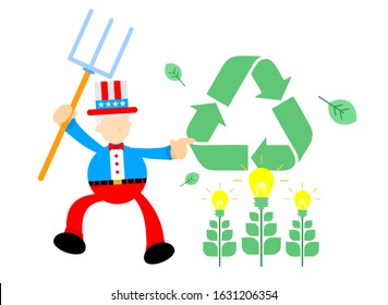 uncle sam america and healthy nature light recycle cartoon doodle flat design style vector illustration