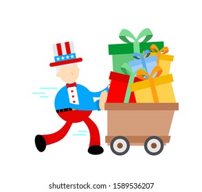 Uncle sam america man and gift box cart cartoon doodle flat design style vector illustration