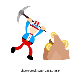 uncle sam america man mining dollar money cartoon doodle flat design style vector illustration