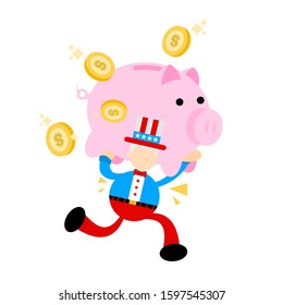 Uncle sam america man pick pig bank money dollar economy cartoon doodle flat design style vector illustration