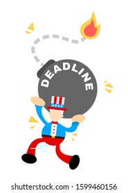 Uncle sam America man worker run for time bomb deadline cartoon doodle vector illustration flat design style