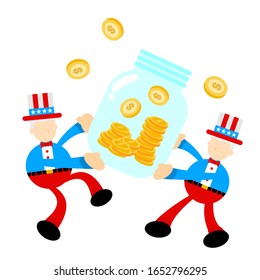 uncle sam america and money coin jar cartoon doodle flat design style vector illustration